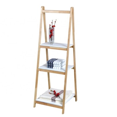 Wood fram foldable storage rack with 3 tier shelf, living room wooden display rack